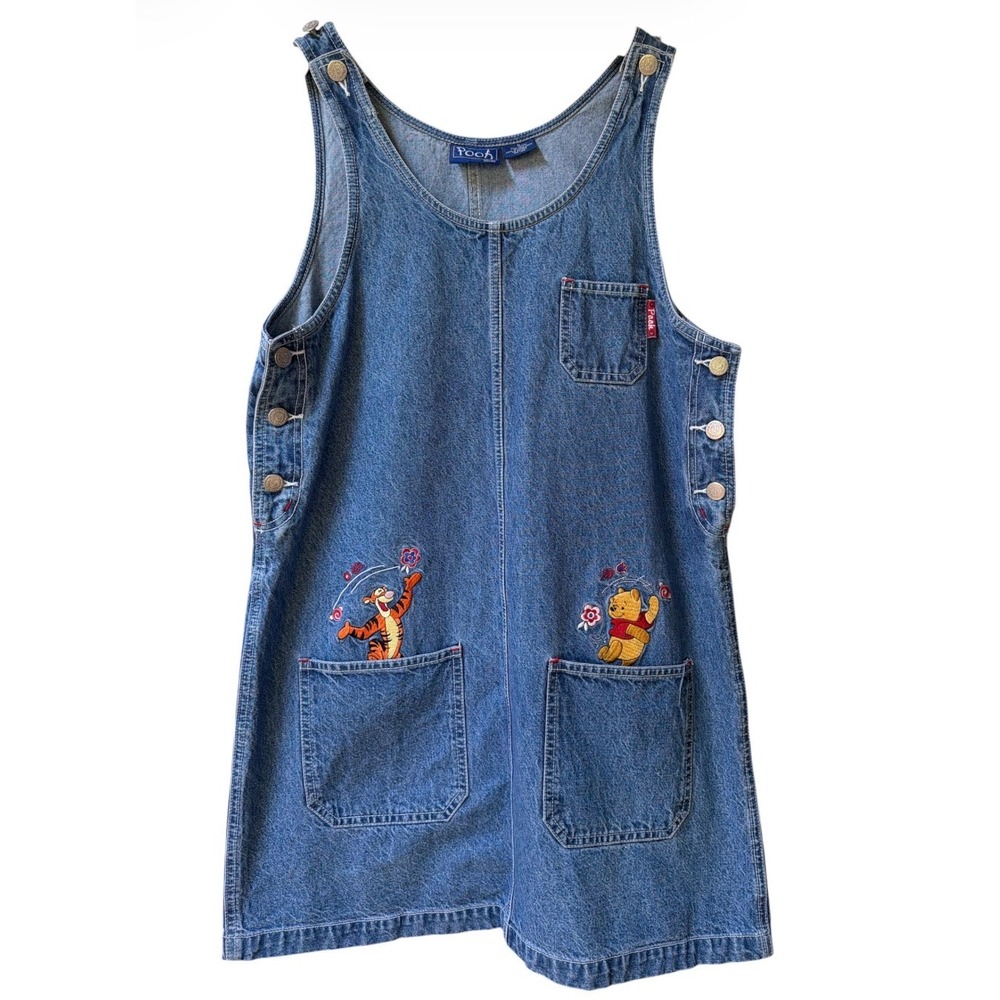 Vintage Disney Winnie the Pooh Denim Jumper Dress Embroidered Tigger Y2K Small